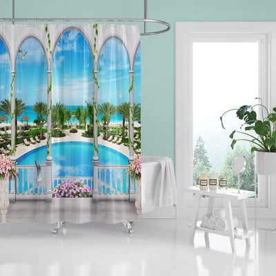 HIHOQR Vodootporne kupaonske zavjese za tuširanje na plaži s morskim valovima 3D ispis Pejzaž na plaži Zavjese za tuš s kukama koje se mogu prati