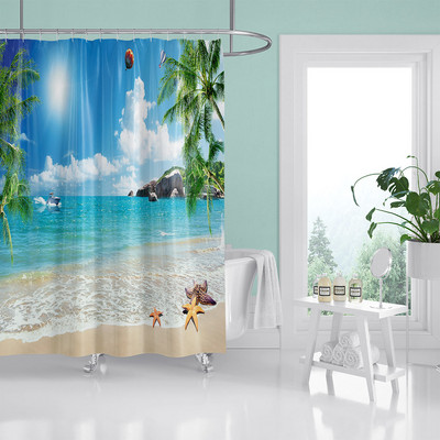 HIHOQR Vodootporne kupaonske zavjese za tuširanje na plaži s morskim valovima 3D ispis Pejzaž na plaži Zavjese za tuš s kukama koje se mogu prati