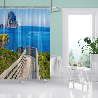 HIHOQR Vodootporne kupaonske zavjese za tuširanje na plaži s morskim valovima 3D ispis Pejzaž na plaži Zavjese za tuš s kukama koje se mogu prati