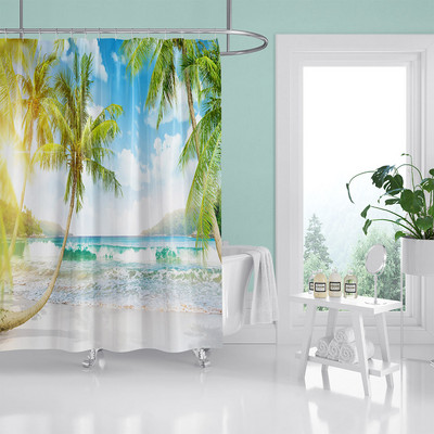 HIHOQR Vodootporne kupaonske zavjese za tuširanje na plaži s morskim valovima 3D ispis Pejzaž na plaži Zavjese za tuš s kukama koje se mogu prati