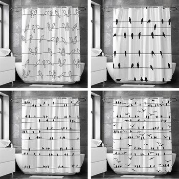 Обикновени модни завеси за душ Черно-бели телени и птици Декор за баня Параван за баня Водоустойчива полиестерна преграда за тоалетна