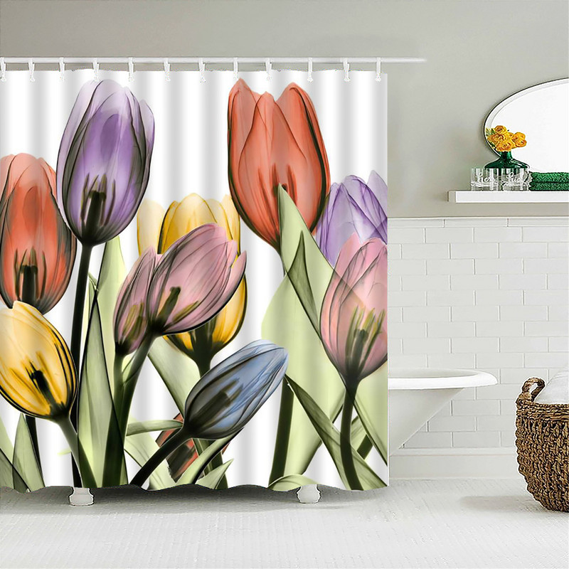 Värvilised tulbiroosi lilled puud dušikardin Vannitoa kardinad looduslill veekindel polüestekangas kodu vanni sisekujundus