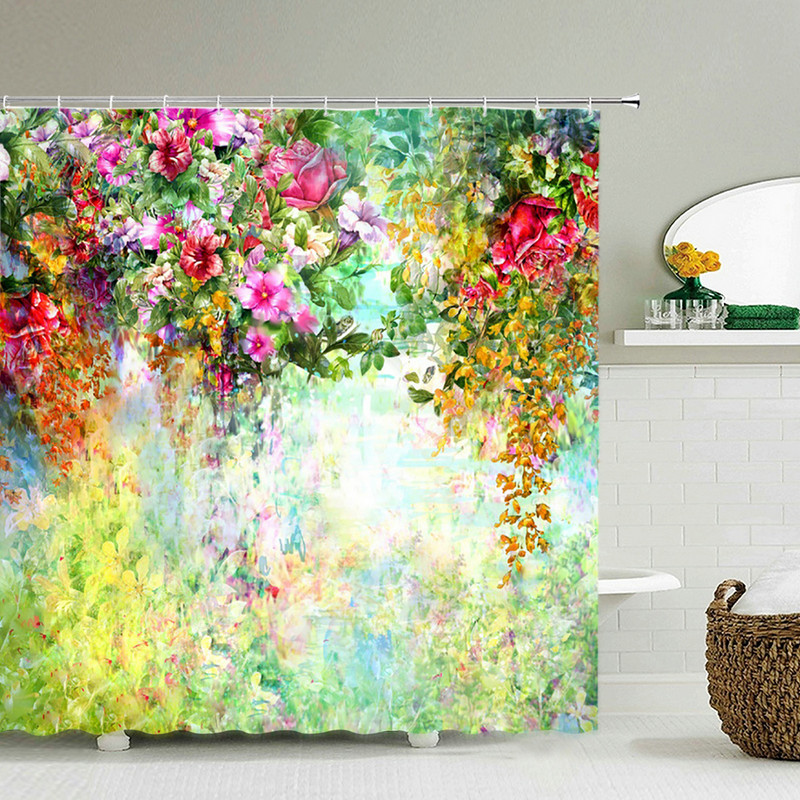 Värvilised tulbiroosi lilled puud dušikardin Vannitoa kardinad looduslill veekindel polüestekangas kodu vanni sisekujundus