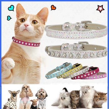 Super Shining Diamond Rhinestone Κολάρο γάτας Puppy Baby Dog Collar Collar Δερμάτινο λουρί για γατάκι Αξεσουάρ για κουτάβι