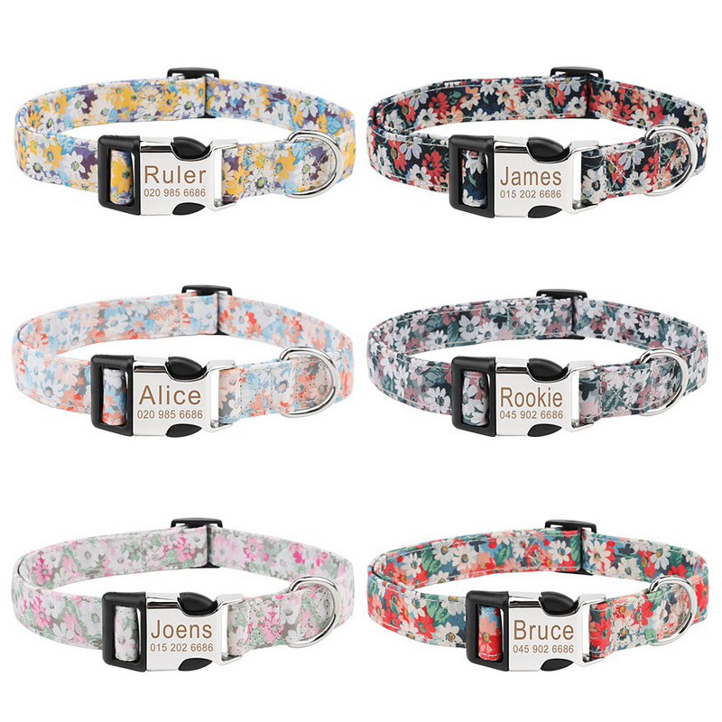 Pielāgotas mājdzīvnieku kaklasiksnas Vintage ziedu iegravēts tag ID nosaukums kucēnu kaklasiksnas maziem vidēji lieliem suņiem