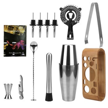 Bartender Tools Jigger Mixing Spoon Tong Mocktail Tools Σετ σέικερ κοκτέιλ Μπάρες από ανοξείδωτο χάλυβα Μικτά ποτά Βάση αποθήκευσης ξύλου