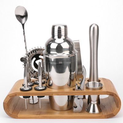 Bartender Tools Jigger Mixing Spoon Tong Mocktail Tools Σετ σέικερ κοκτέιλ Μπάρες από ανοξείδωτο χάλυβα Μικτά ποτά Βάση αποθήκευσης ξύλου