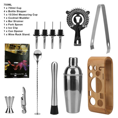 Barovi Miješana pića Set shakera za koktele Jigger Žlica za miješanje Hvataljka Drveni stalak za pohranu od nehrđajućeg čelika Alati za mocktaile Alati za barmena