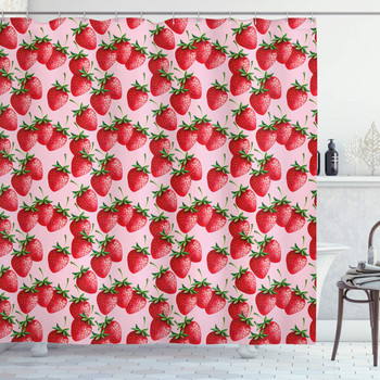 Розова ягодова завеса за душ за баня, акварел, ягоди, пролет, лято, плодове, декор, плат, завеси за баня с куки