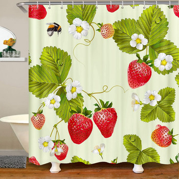 Розова ягодова завеса за душ за баня, акварел, ягоди, пролет, лято, плодове, декор, плат, завеси за баня с куки