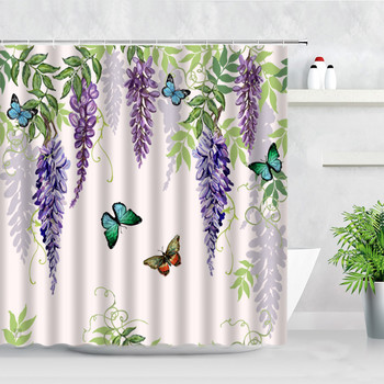Флорална бяла завеса за душ 3D цвете Пеперуда Лавандула Зелено растение Декор на паравана за баня Водоустойчив полиестер Аксесоари за баня