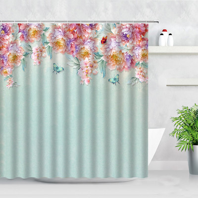 Cvjetna bijela zavjesa za tuš 3D cvijet leptir lavanda zelena biljka Dekor paravana za kadu Vodootporni poliester Kupaonski dodaci