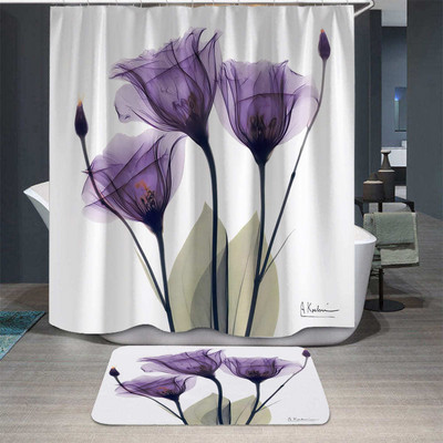 Tulip Lotus Flowers Trees Waterproff dušas aizkars 3D vannas aizkars ar āķa tinti Krāsošana Dekors Vannas produktu komplekts vannas istabai