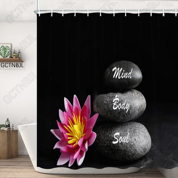 Κουρτίνα μπάνιου Zen, Διακόσμηση σπα Stone Tower Lotus Purple Orchid Flower and Bamboo, Υφασμάτινο σετ Διακόσμηση μπάνιου με Μαύρο γάντζο