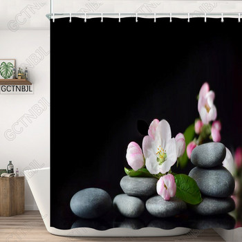 Κουρτίνα μπάνιου Zen, Διακόσμηση σπα Stone Tower Lotus Purple Orchid Flower and Bamboo, Υφασμάτινο σετ Διακόσμηση μπάνιου με Μαύρο γάντζο