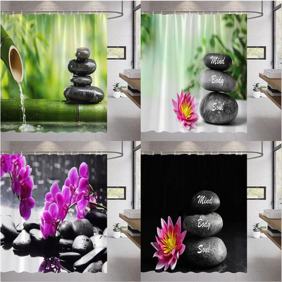 Дзен завеса за душ, спа декорация каменна кула лотос лилаво цвете на орхидея и бамбук, плат комплект декорация за баня с кука черна