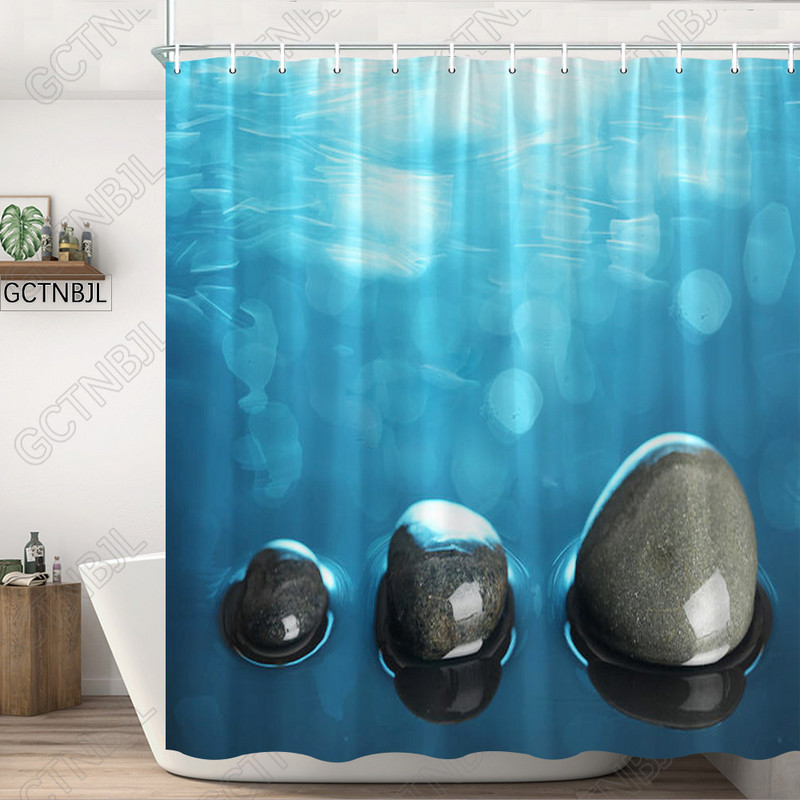 Zen zuhanyfüggöny, Spa dekoráció Kőtorony Lótusz lila orchidea virág és bambusz, szövet szövet fürdőszobai dekor szett fekete kampóval