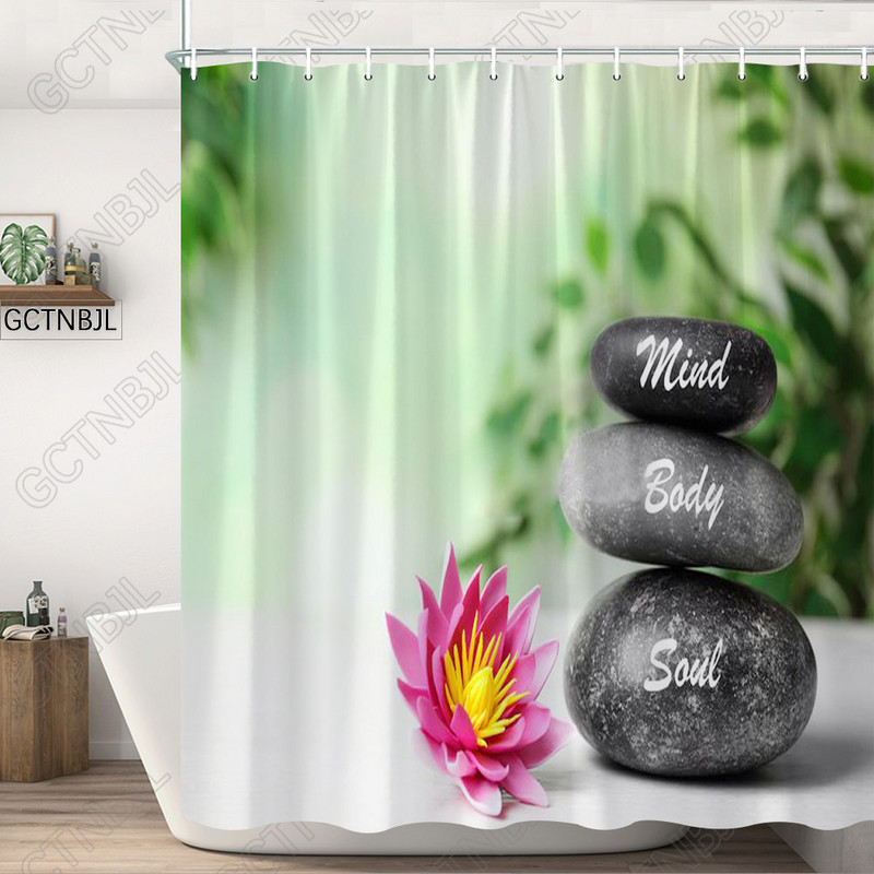 Zen zuhanyfüggöny, Spa dekoráció Kőtorony Lótusz lila orchidea virág és bambusz, szövet szövet fürdőszobai dekor szett fekete kampóval