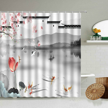 Завеса за душ с печат на лотосови цветя Китайско акварелно изкуство Декорация на вана за баня Водоустойчив параван от полиестер с кука