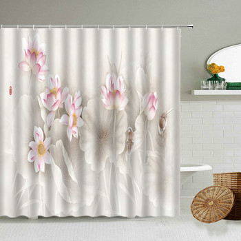 Завеса за душ с печат на лотосови цветя Китайско акварелно изкуство Декорация на вана за баня Водоустойчив параван от полиестер с кука