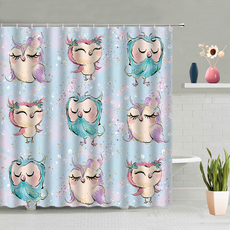 Dušas aizkars Karikatūras Pūce Zieds Dzīvnieks 3D drukas mašīna mazgājams vannas istabas ekrāns ar āķiem Vannas aizkari Cortina Ducha