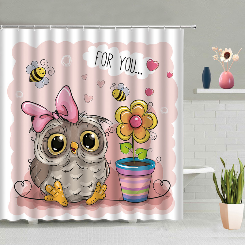 Dušas aizkars Karikatūras Pūce Zieds Dzīvnieks 3D drukas mašīna mazgājams vannas istabas ekrāns ar āķiem Vannas aizkari Cortina Ducha