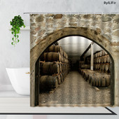 Vintage kameni zidni luk Vinski podrum Drvena bačva Zavjesa za tuš Retro uzorak cigle Drvena vrata Kupaonska kada Zavjese Dekor