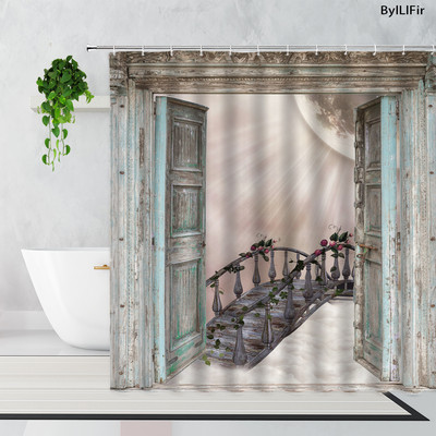 Vintage kameni zidni luk Vinski podrum Drvena bačva Zavjesa za tuš Retro uzorak cigle Drvena vrata Kupaonska kada Zavjese Dekor