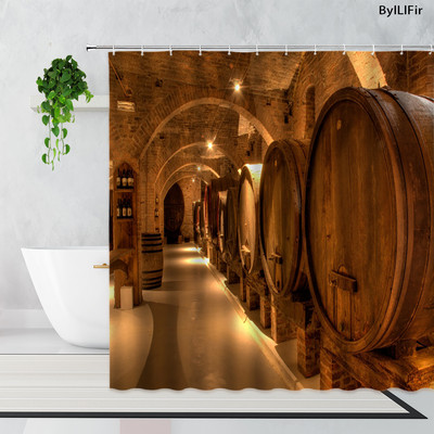 Vintage kameni zidni luk Vinski podrum Drvena bačva Zavjesa za tuš Retro uzorak cigle Drvena vrata Kupaonska kada Zavjese Dekor
