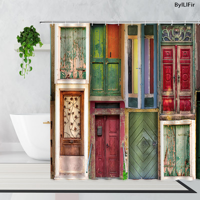 Vintage kameni zidni luk Vinski podrum Drvena bačva Zavjesa za tuš Retro uzorak cigle Drvena vrata Kupaonska kada Zavjese Dekor