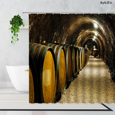 Vintage kameni zidni luk Vinski podrum Drvena bačva Zavjesa za tuš Retro uzorak cigle Drvena vrata Kupaonska kada Zavjese Dekor