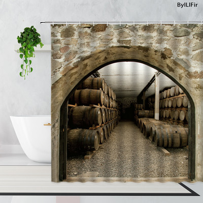 Vintage kameni zidni luk Vinski podrum Drvena bačva Zavjesa za tuš Retro uzorak cigle Drvena vrata Kupaonska kada Zavjese Dekor