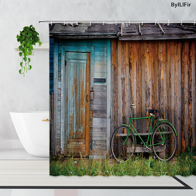 Vintage kameni zidni luk Vinski podrum Drvena bačva Zavjesa za tuš Retro uzorak cigle Drvena vrata Kupaonska kada Zavjese Dekor