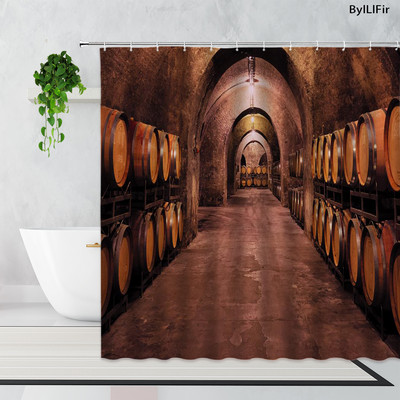 Vintage kameni zidni luk Vinski podrum Drvena bačva Zavjesa za tuš Retro uzorak cigle Drvena vrata Kupaonska kada Zavjese Dekor