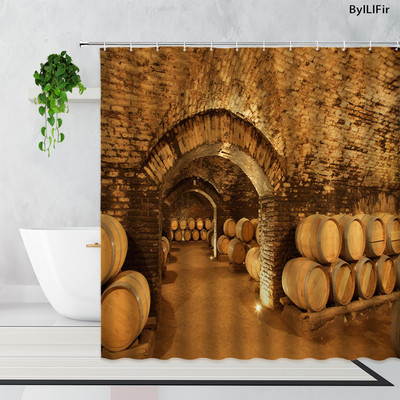 Vintage kameni zidni luk Vinski podrum Drvena bačva Zavjesa za tuš Retro uzorak cigle Drvena vrata Kupaonska kada Zavjese Dekor