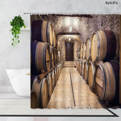 Vintage kameni zidni luk Vinski podrum Drvena bačva Zavjesa za tuš Retro uzorak cigle Drvena vrata Kupaonska kada Zavjese Dekor