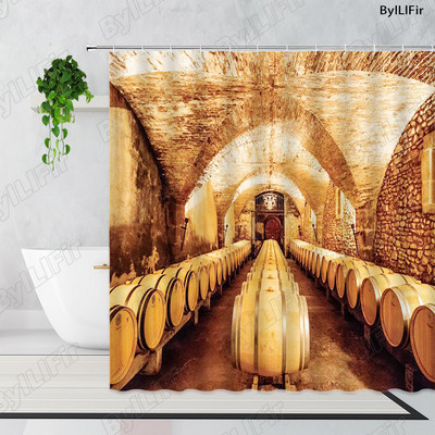 Vintage kameni zidni luk Vinski podrum Drvena bačva Zavjesa za tuš Retro uzorak cigle Drvena vrata Kupaonska kada Zavjese Dekor