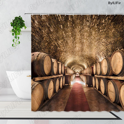 Vintage kameni zidni luk Vinski podrum Drvena bačva Zavjesa za tuš Retro uzorak cigle Drvena vrata Kupaonska kada Zavjese Dekor