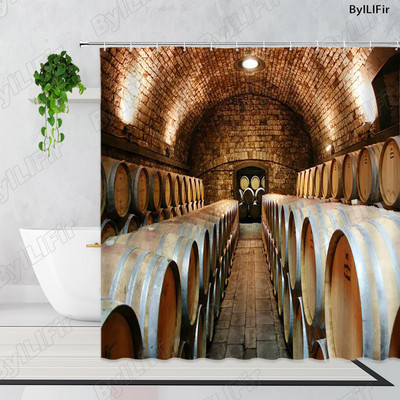 Vintage kameni zidni luk Vinski podrum Drvena bačva Zavjesa za tuš Retro uzorak cigle Drvena vrata Kupaonska kada Zavjese Dekor