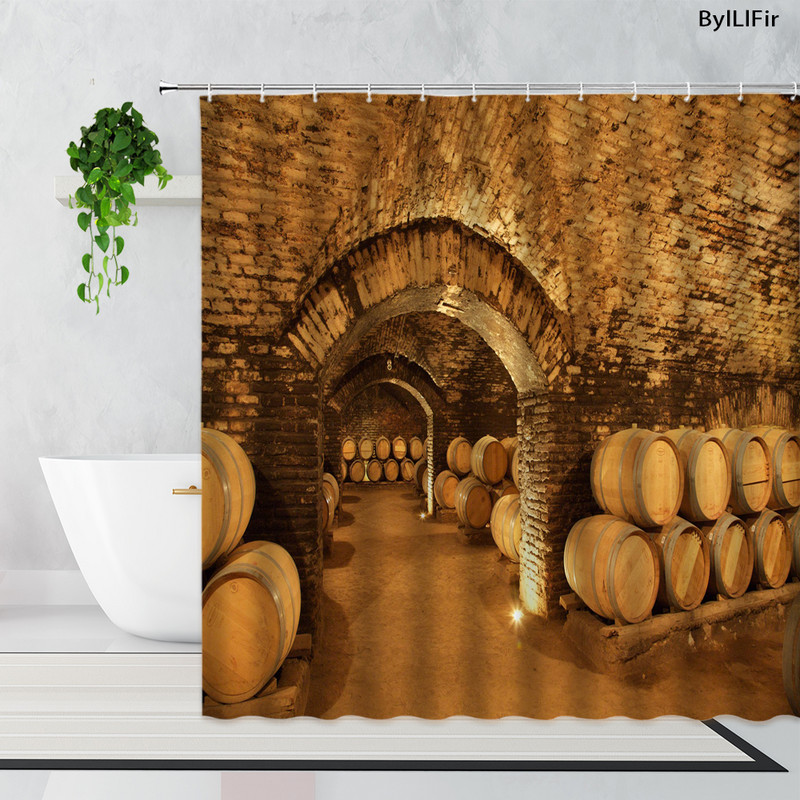 Vintage kameni zidni luk Vinski podrum Drvena bačva Zavjesa za tuš Retro uzorak cigle Drvena vrata Kupaonska kada Zavjese Dekor