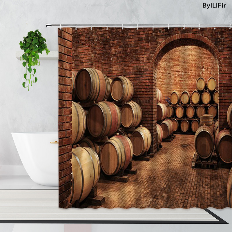 Vintage kameni zidni luk Vinski podrum Drvena bačva Zavjesa za tuš Retro uzorak cigle Drvena vrata Kupaonska kada Zavjese Dekor