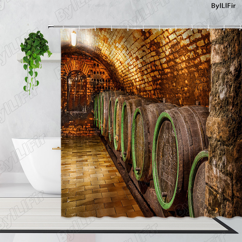 Vintage kameni zidni luk Vinski podrum Drvena bačva Zavjesa za tuš Retro uzorak cigle Drvena vrata Kupaonska kada Zavjese Dekor