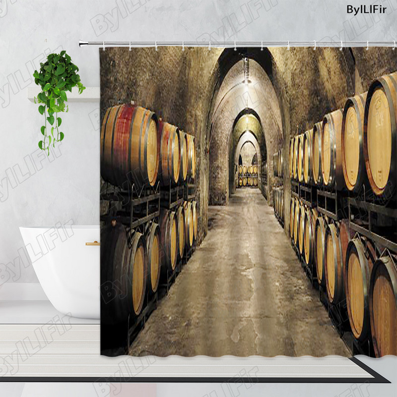 Vintage kameni zidni luk Vinski podrum Drvena bačva Zavjesa za tuš Retro uzorak cigle Drvena vrata Kupaonska kada Zavjese Dekor