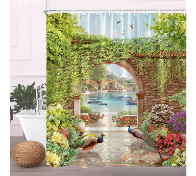 Europa Seoska kuća Kamena kuća Zavjesa za kupaonicu Zavjese za tuš Stara vrata Ruralna zgrada Krajolik Retro dekor Proizvodi za kupaonicu