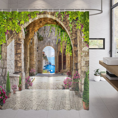 Europa Seoska kuća Kamena kuća Zavjesa za kupaonicu Zavjese za tuš Stara vrata Ruralna zgrada Krajolik Retro dekor Proizvodi za kupaonicu