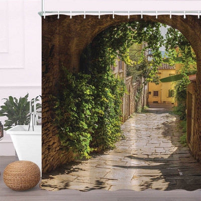 Europa Seoska kuća Kamena kuća Zavjesa za kupaonicu Zavjese za tuš Stara vrata Ruralna zgrada Krajolik Retro dekor Proizvodi za kupaonicu