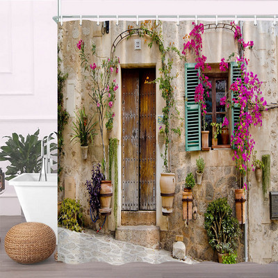 Europa Seoska kuća Kamena kuća Zavjesa za kupaonicu Zavjese za tuš Stara vrata Ruralna zgrada Krajolik Retro dekor Proizvodi za kupaonicu