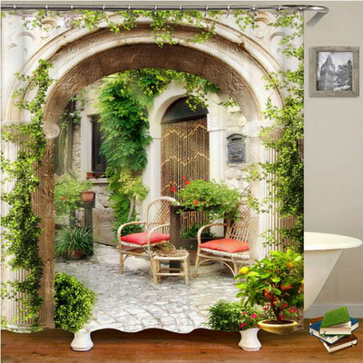 Europa Seoska kuća Kamena kuća Zavjesa za kupaonicu Zavjese za tuš Stara vrata Ruralna zgrada Krajolik Retro dekor Proizvodi za kupaonicu