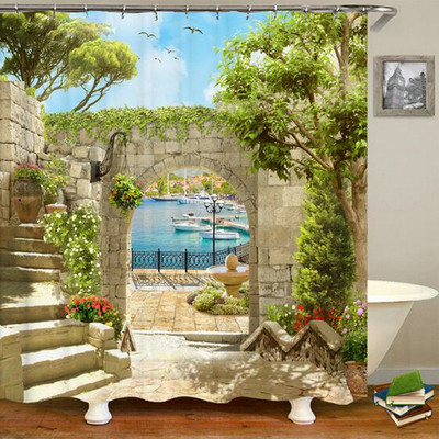 Europa Seoska kuća Kamena kuća Zavjesa za kupaonicu Zavjese za tuš Stara vrata Ruralna zgrada Krajolik Retro dekor Proizvodi za kupaonicu