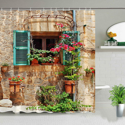 Europa Seoska kuća Kamena kuća Zavjesa za kupaonicu Zavjese za tuš Stara vrata Ruralna zgrada Krajolik Retro dekor Proizvodi za kupaonicu